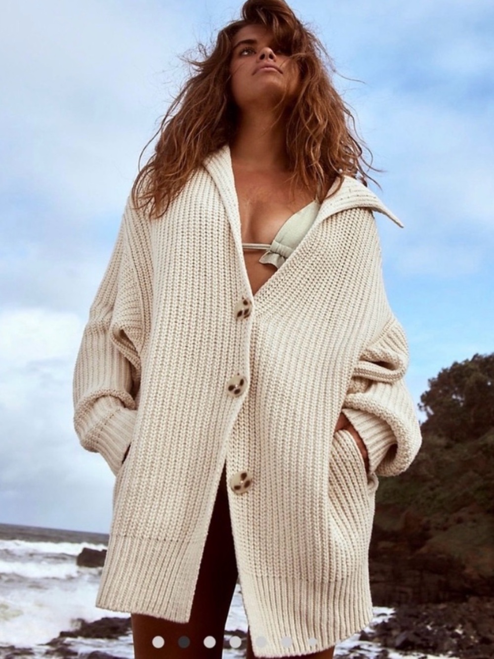 NWOT Oversized Cream Ribbed Button-Front Women's Sweater FREE PEOPLE Sz L